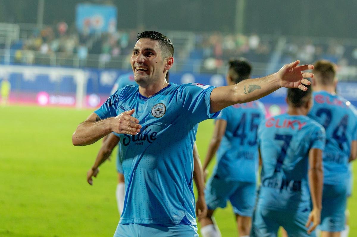 Jorge Pereyra Diaz of Mumbai City FC celebrates after scoring a goal. 